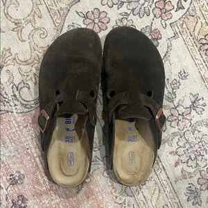 Birkenstock Boston Suede Clogs in Brown with Copper Buckles